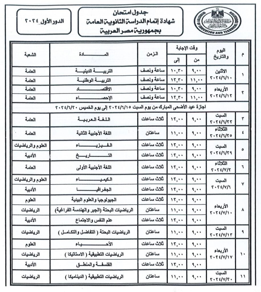 جدول امتحانات الثانوية العامة