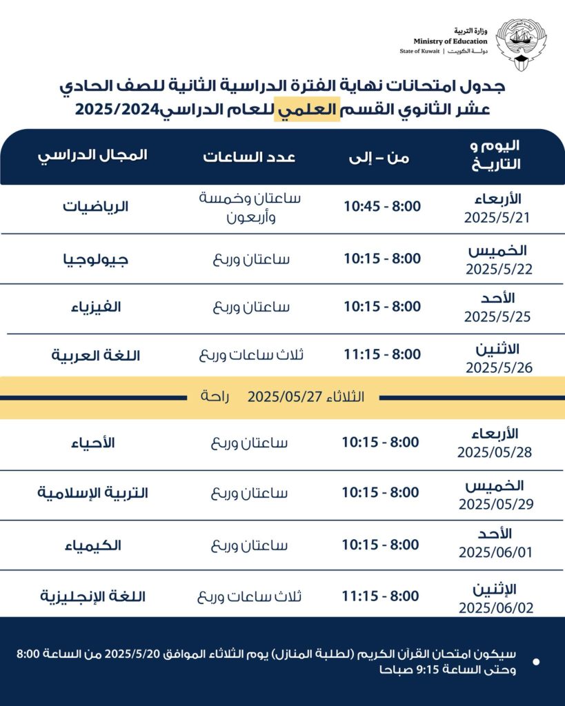جدول اختبارات الثانوية 2025 الكويت