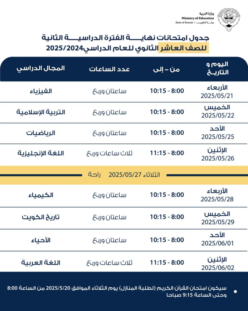 جدول اختبارات الثانوية 2025 الكويت