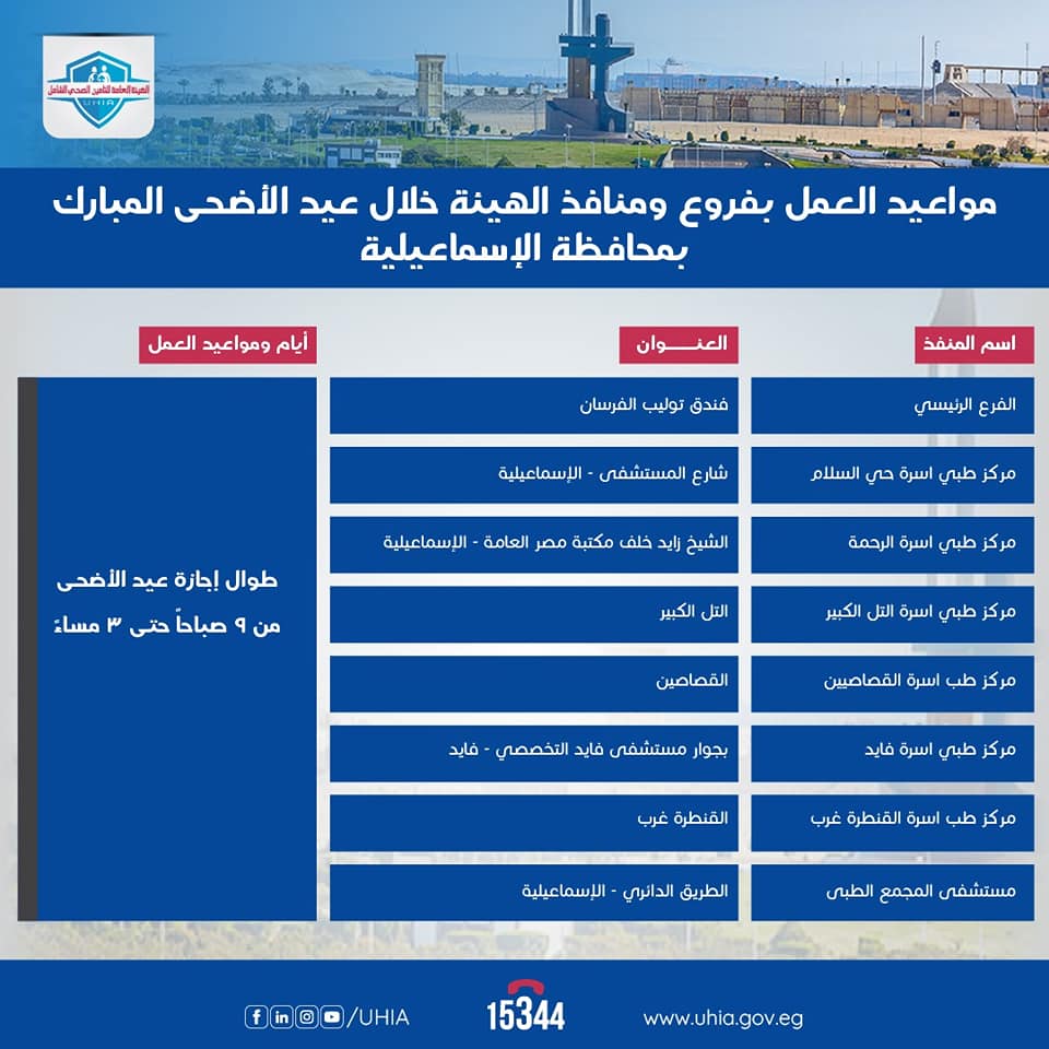 مواعيد عمل عيادات التأمين الصحي
