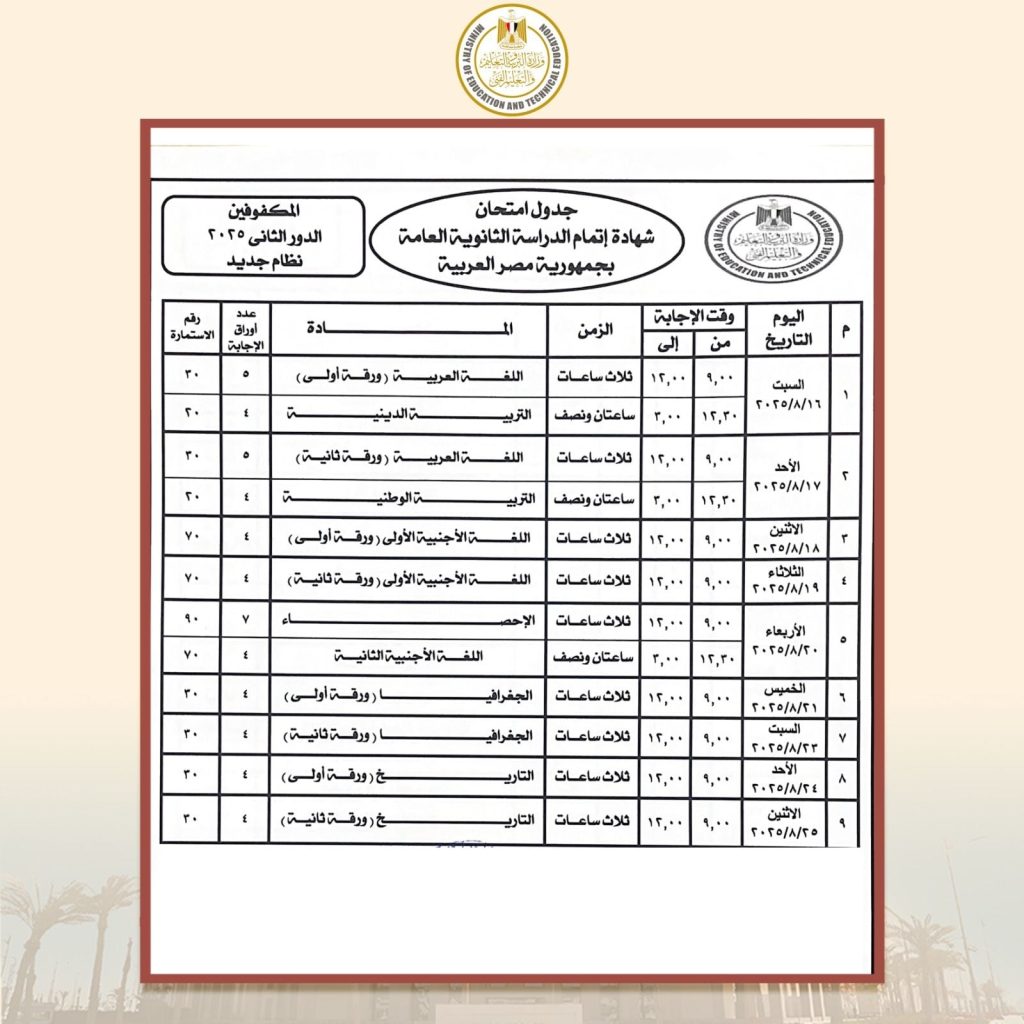جدول امتحانات الدور الثاني الثانوية العامة 2025