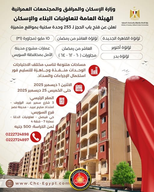 شقق تعاونيات الإسكان 2025 .. طرح 243 وحدة تسليم فوري شقق تعاونيات الإسكان 2025