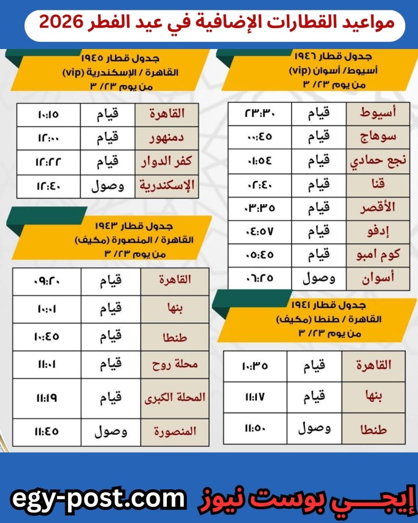 مواعيد القطارات الإضافية في عيد الفطر 2026